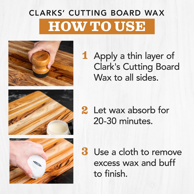 CLARK'S Food Grade Mineral Oil (12oz) and Carnauba Wax (6oz) Set - 100% Natural Butcher Block Oil and Cutting Board Wax - Food Safe Beeswax and Wood Cutting Board Oil with Orange & Lemon Extract - Image 4